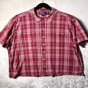 Vintage Ralph Lauren Polo Linen Camp Shirt Men's 2XL Pale Plum Plaid Loop Collar